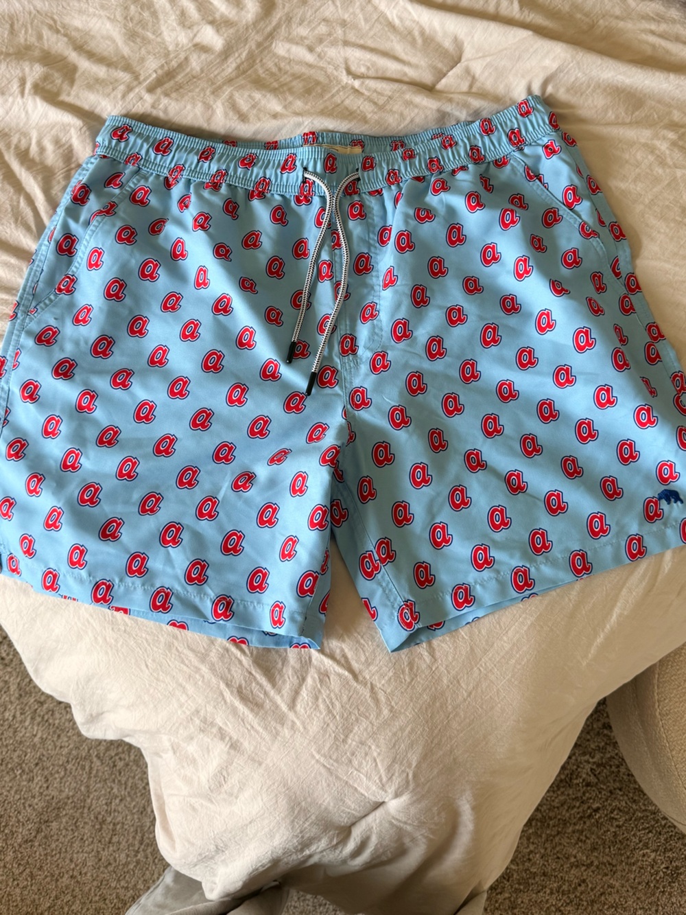 BRAVES Baseball Light Blue Men's Swim Trunks with Red Pattern